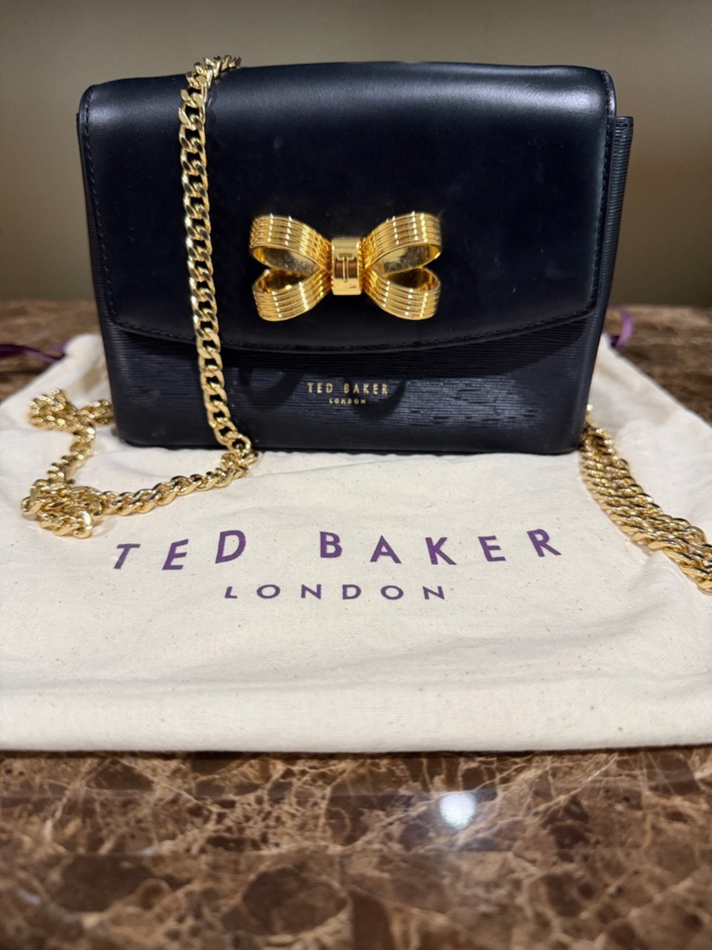 Ted Baker London Black Leather Crossbody with Gold Bow Detail